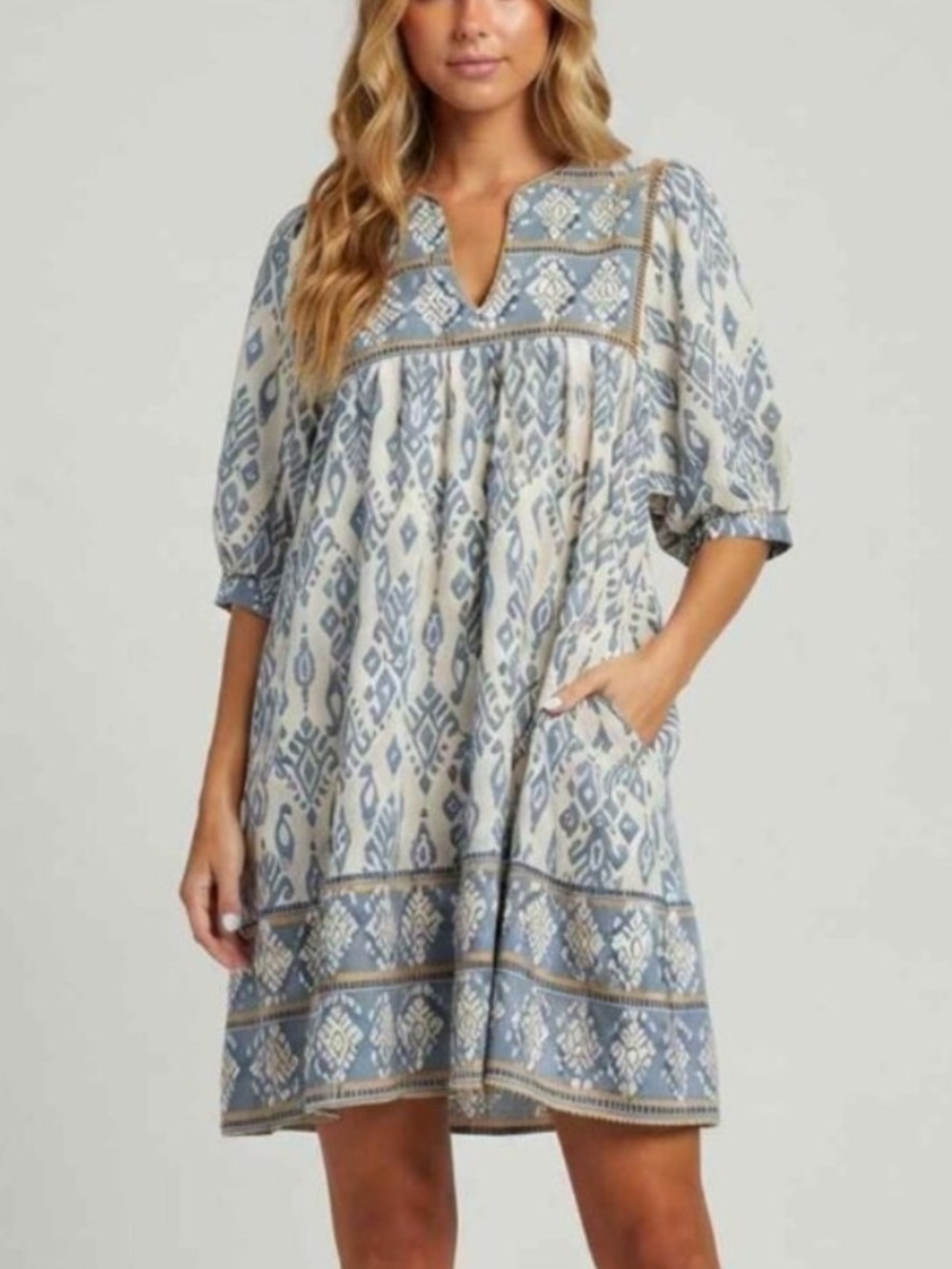 GiGiO White & Blue Mixed Print Ikat Babydoll Mini Dress sz Small 39611
